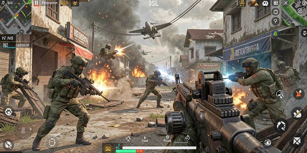 Screenshot gameplay 9SL menampilkan aksi tembak-menembak yang mendebarkan.