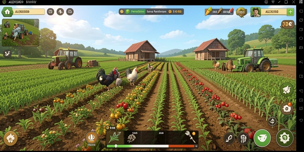 Tampilan menarik dari gameplay ALEXIS500 yang menggambarkan aktivitas pertanian.