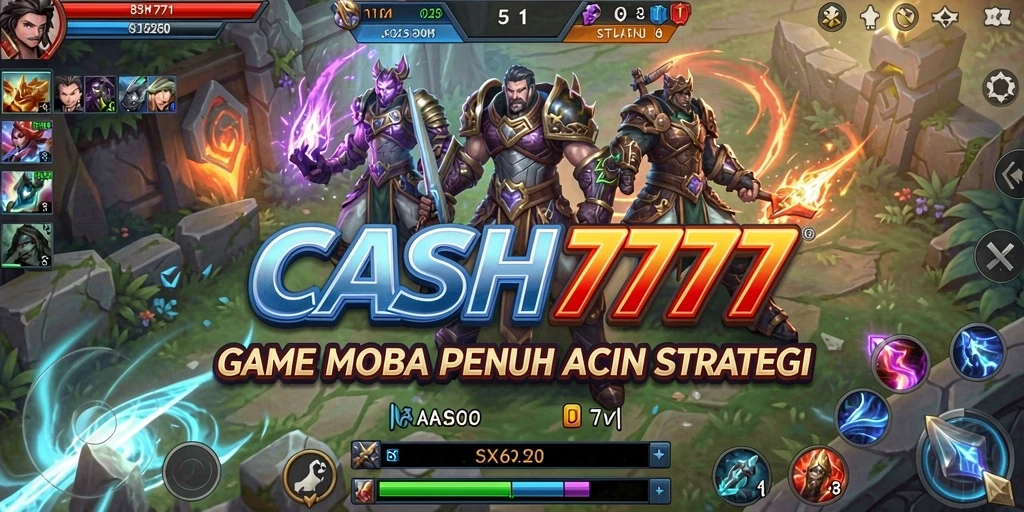 Screenshot utama CASH777 menampilkan serunya gameplay MOBA yang intens.