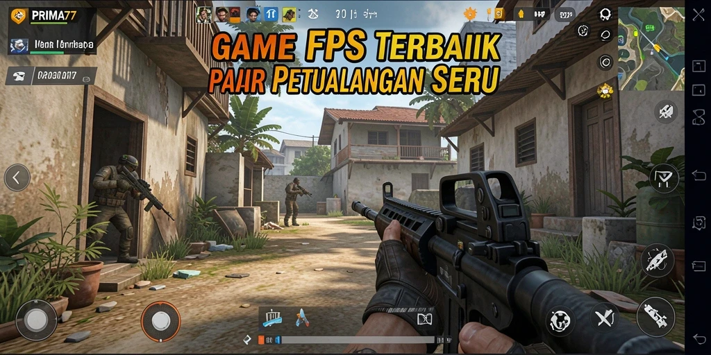Screenshot menunjukkan gameplay intens PRIMA77 dengan aksi tembak-menembak yang seru.