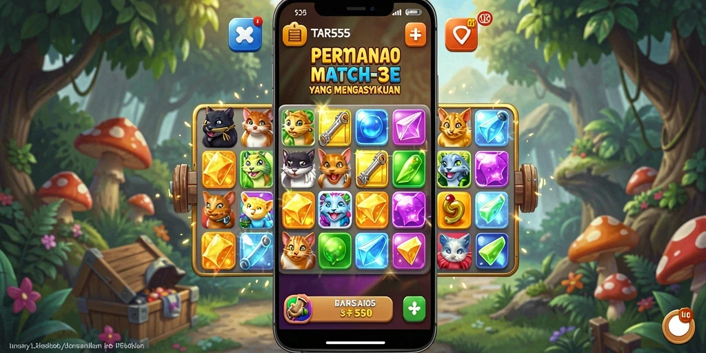 TAR555 menampilkan gameplay mencocokkan permata yang seru.