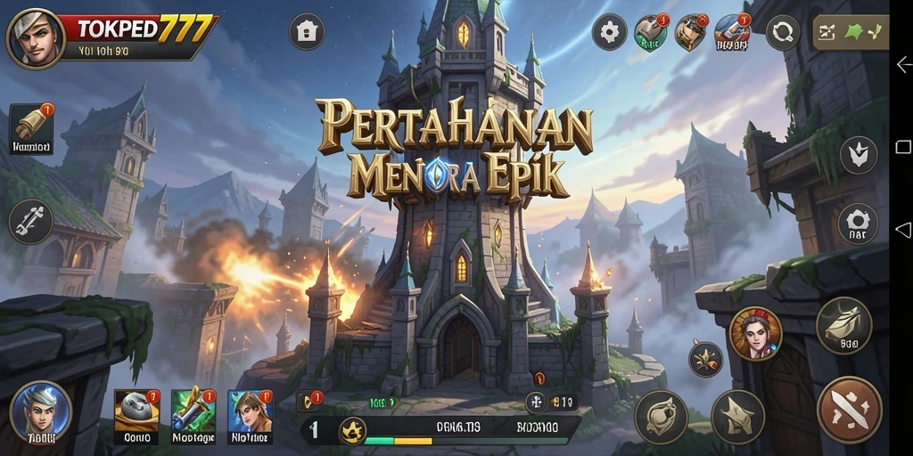 Screenshot gameplay Tower Defense TOKPED777 menampilkan menara dengan desain unik.